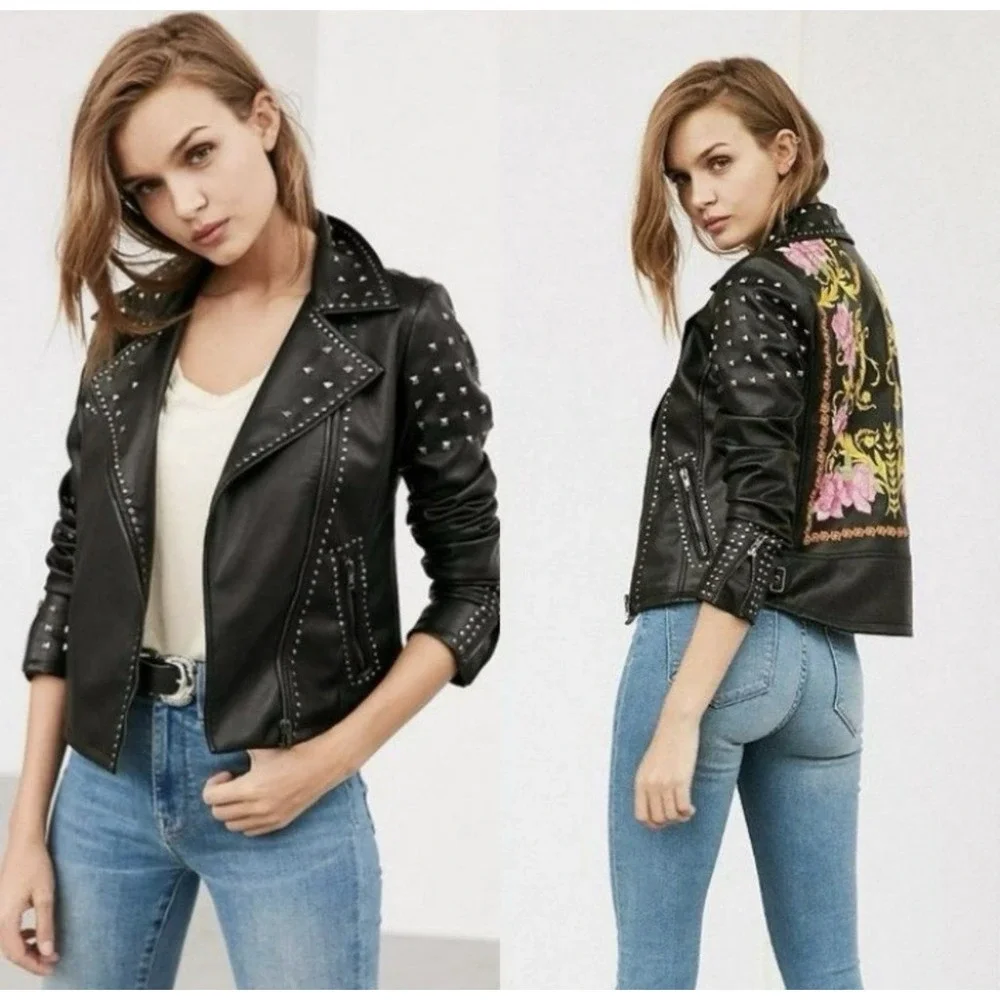 Silence + Noise Irina Studded Embroidered Faux Leather Jacket Black SZ XS - Picture 2 of 13